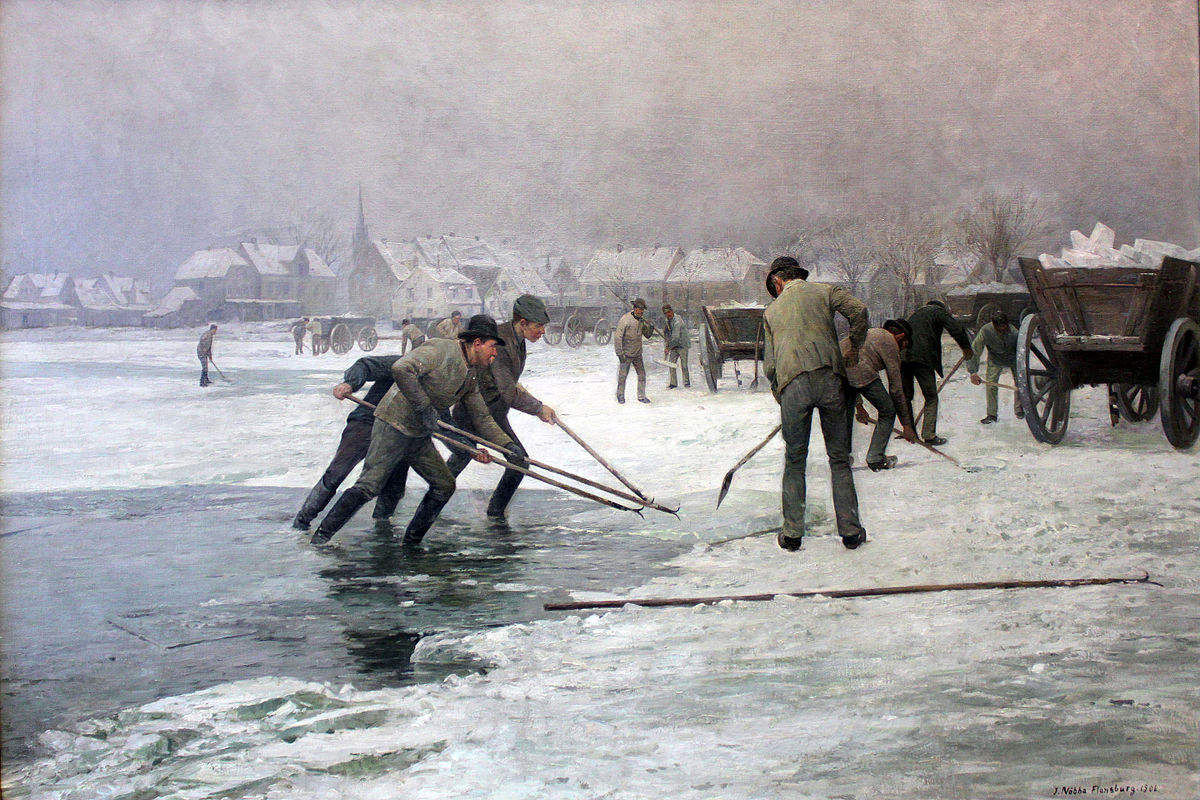 Gemälde "Die Eisernte": Das Gemälde zeigt, wie Eis wird mit Schaufeln aus einem zugefrorenen See gewonnen und auf Karren verladen wird.